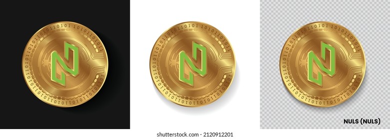 Conjunto de Nuls (NULS) cripto símbolo del logotipo de la moneda vector aislado en fondo blanco, oscuro y transparente. Puede utilizarse como pegatina de moneda dorada, icono, etiqueta, placa, diseño de impresión y emblema