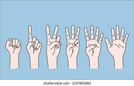 Conjunto de números 0 1 2 3 4 5 con signo de mano sobre fondo azul del cielo, ilustración vectorial