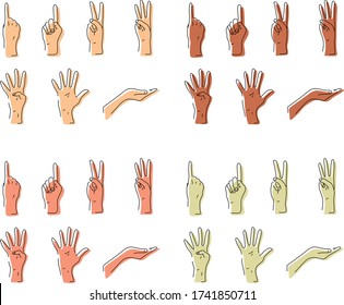 Set of number 1 2 3 4 5 with multiple color hands vector sign isolated on white background