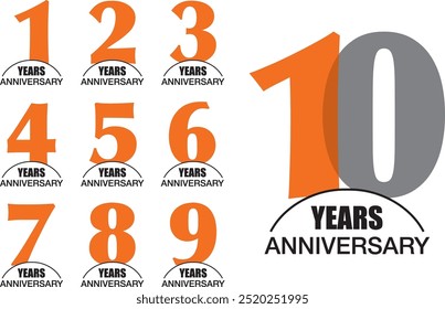 set of number 1 2 3 4 5 6 7 8 9 and 10 years anniversary logo style orange and grey color on white background.