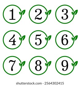 Set of number from 1 to 9 icon rounded with green colour and leaf element suitable for event to save earth or botanical conservation event. Number set print or digital usage vector illustration