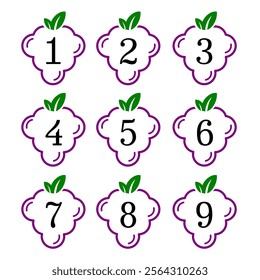 Set of number from 1 to 9 icon rounded with purple green colour and leaf element suitable for grape farming or botanical conservation event. Number set print or digital usage vector illustration