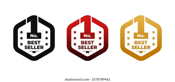 Set of number 1 best seller hexagon badge isolated on white background. For icon, logo, label, seal, tag, sign, seal, symbol, stamp, sticker, emblem, banner.  Vector illustration