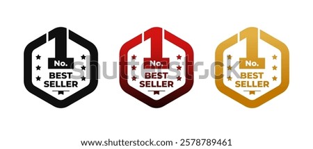 Set of number 1 best seller hexagon badge isolated on white background. For icon, logo, label, seal, tag, sign, seal, symbol, stamp, sticker, emblem, banner.  Vector illustration