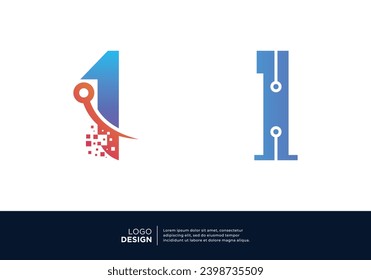 Set of Number 1 digital data connection logo design.