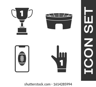 Set Number 1 one fan hand glove with finger raised, Award cup, Smartphone with american football ball on the screen and Football stadium icon. Vector