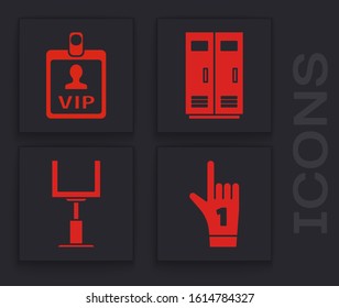 Set Number 1 one fan hand glove with finger raised, VIP badge, Locker or changing room for football, basketball team or workers and American football goal post icon. Vector
