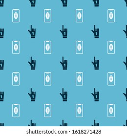 Set Number 1 one fan hand glove with finger raised and Smartphone with american football ball on the screen on seamless pattern. Vector