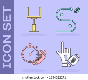 Set Number 1 one fan hand glove with finger raised and american football ball, American football goal post, American Football ball and stopwatch and Planning strategy concept icon. Vector