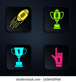 Set Number 1 one fan hand glove with finger raised, American Football ball, Award cup and Award cup and American football ball. Black square button. Vector