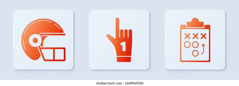 Set Number 1 one fan hand glove with finger raised, American football helmet and Planning strategy concept. White square button. Vector