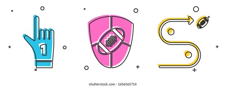 Set Number 1 one fan hand glove with finger raised, American Football ball and shield and Planning strategy concept icon. Vector