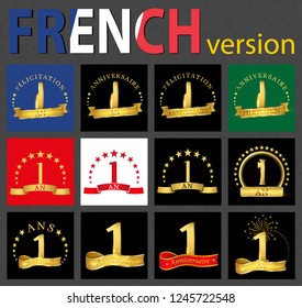 Set of number 1 (one year) celebration design. Anniversary golden number template elements for your birthday party. Translated from the French - congratulation, years, anniversary