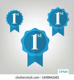 Set Of Number 1 Winner Blue Ribbon Award Badge, First Place Award,flat Design Style,ribbon For Business And Design. Design Elements