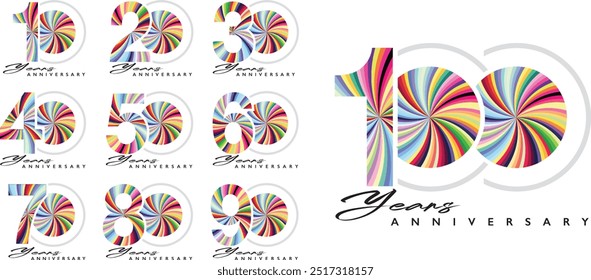 set of number 10 20 30 40 50 60 70 80 90 and 100 years anniversary logo style twist striped color on white background.