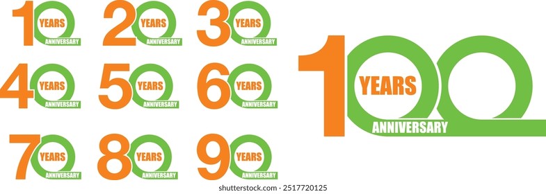 set of number 10 20 30 40 50 60 70 80 90 and 100 years anniversary logo style orange and lime green color on white background.