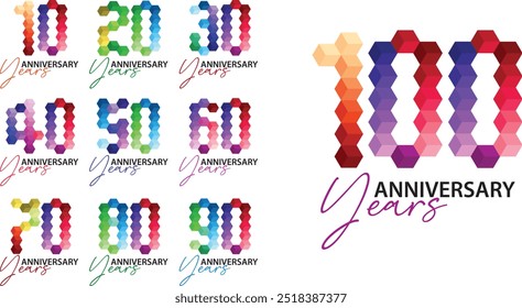 set of number 10 20 30 40 50 60 70 80 90 and 100 years anniversary logo style many cube color on white background.