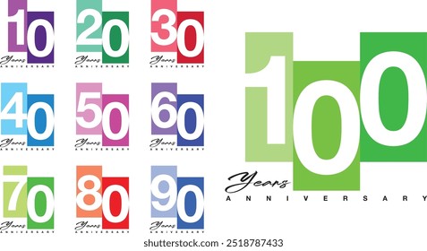 Conjunto de número 10 20 30 40 50 60 70 80 90 y 100 años de aniversario Estilo de logotipo Muchos colores monocromáticos sobre fondo blanco.