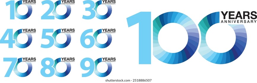 set of number 10 20 30 40 50 60 70 80 90 and 100 years anniversary logo style blue monochrome color on white background.