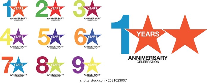 set of number 10 20 30 40 50 60 70 80 90 and 100 years anniversary logo style star monochrome color on white background.