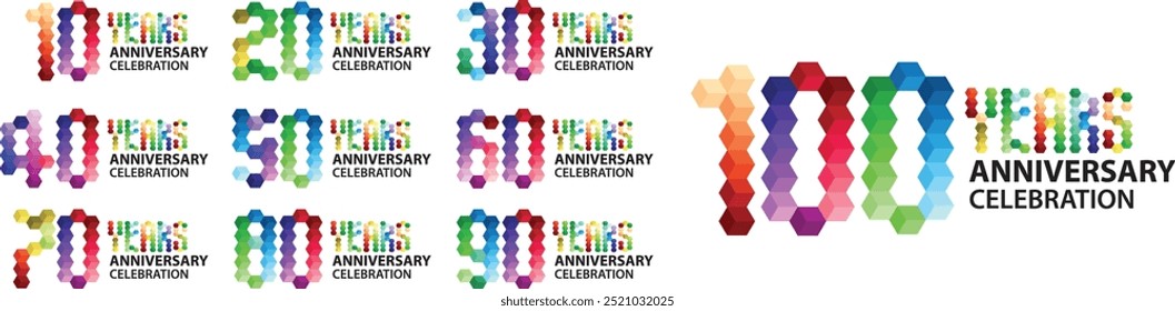 set of number 10 20 30 40 50 60 70 80 90 and 100 years anniversary logo style cubes monochrome color on white background.