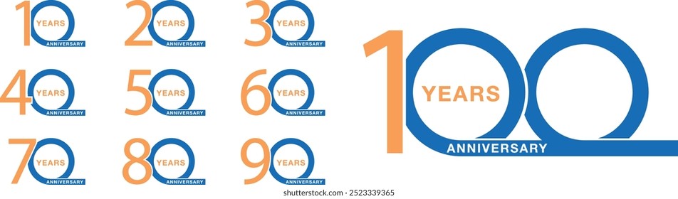 set of number 10 20 30 40 50 60 70 80 90 and 100 years anniversary logo style orange and blue color, isolated on white background.