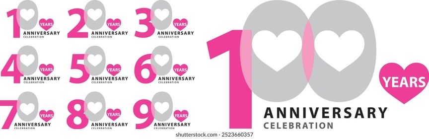 set of number 10 20 30 40 50 60 70 80 90 and 100 years anniversary logo style in pink and white heart shape, isolated on white background.