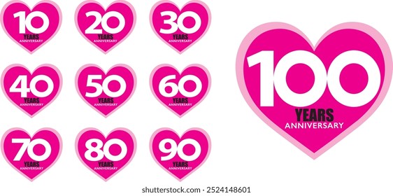 set of number 10 20 30 40 50 60 70 80 90 and 100 years anniversary logo style in pink heart shape, isolated on white background.