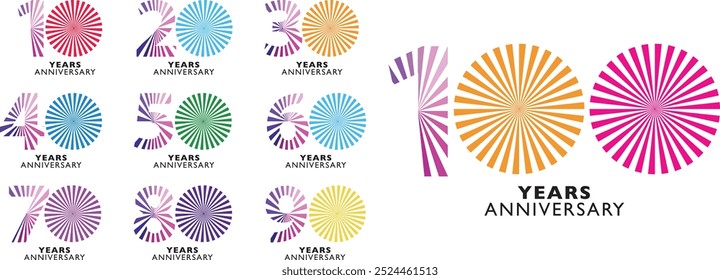 set of number 10 20 30 40 50 60 70 80 90 and 100 years anniversary logo style in purple color with multicolor circle shape, isolated on white background.