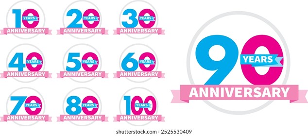 conjunto de número 10 20 30 40 50 60 70 80 90 e 100 estilo logotipo de aniversário em cor ciano e rosa com círculo linha cinza, isolado no fundo branco.