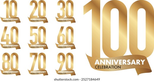 set of number 10 20 30 40 50 60 70 80 90 and 100 years anniversary celebration logo style in gold color, isolated on white background.