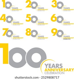 set of number 10 20 30 40 50 60 70 80 90 and 100 years anniversary celebration logo style in yellow and gray color, isolated on white background.