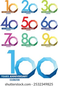 set of number 10 20 30 40 50 60 70 80 90 and 100 years anniversary celebration logo style monochrome color, isolated on white background.
