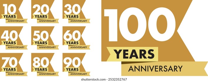 set of number 10 20 30 40 50 60 70 80 90 and 100 years anniversary celebration logo style gold color, isolated on white background.