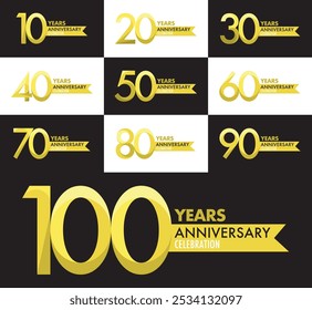 set of number 10 20 30 40 50 60 70 80 90 and 100 years anniversary celebration logo style gold color, isolated on white background.