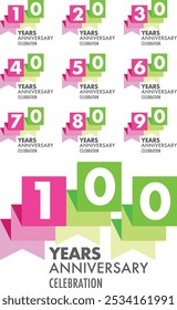 set of number 10 20 30 40 50 60 70 80 90 and 100 years anniversary celebration logo style pink and green ribbon, isolated on white background.