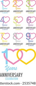 set of number 10 20 30 40 50 60 70 80 90 and 100 years anniversary celebration logo style pastel heart color, isolated on white background.