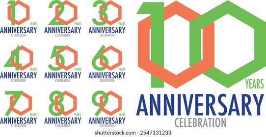set of number 10 20 30 40 50 60 70 80 90 and 100 green and orange color with words years anniversary celebration in the bottom, isolated on white background.