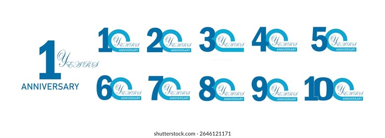 set of number 10 20 30 40 50 60 70 80 90 and 100 years anniversary logo style color on white background.