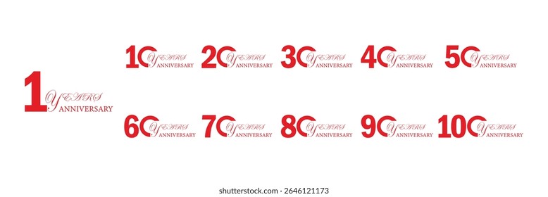 set of number 10 20 30 40 50 60 70 80 90 and 100 years anniversary logo style color on white background.