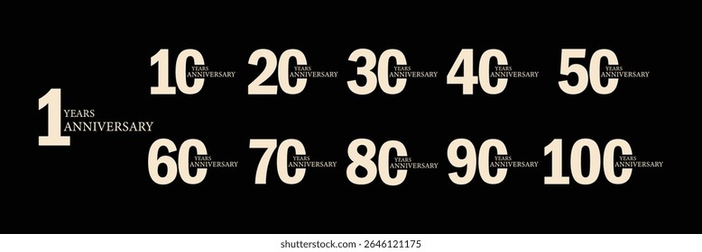 set of number 10 20 30 40 50 60 70 80 90 and 100 years anniversary logo style color on white background.