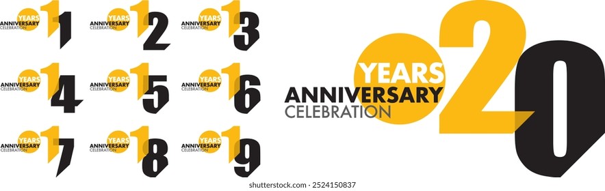 set of number 11 12 13 14 15 16 17 18 19 and 20 yers anniversary celebration logo style in yellow and black color, isolated on white background.