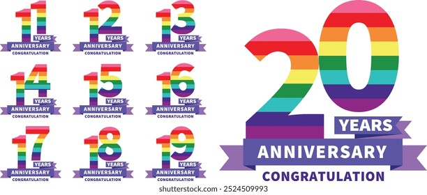 set of number 11 12 13 14 15 16 17 18 19 and 20 years anniversary celebration logo style in pride color, isolated on white background.