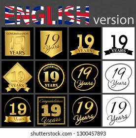 Set of number 19 years (nineteen years) celebration. Anniversary golden number template elements for your birthday party