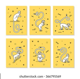 Set number 2 cards with monkeys in different poses. Cards for congratulations. Funky Monkey in 2016. Style thin line  hipster,