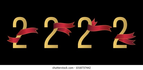Set of number 2 symbols with red ribbons on black background. Design element for greeting card, anniversary event, promotion.