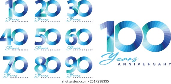 set of number 20 30 40 50 60 70 80 90 and 100 years anniversary logo style blue monochrome color on white background.