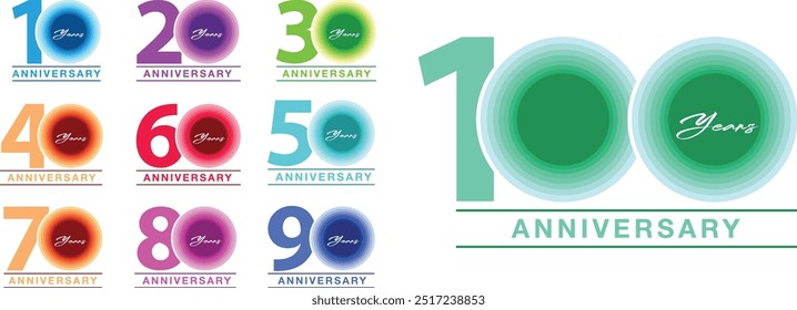 set of number 20 30 40 50 60 70 80 90 and 100 years anniversary logo style various monochrome color on white background.