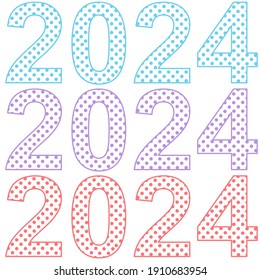 A set of number 2024,  the year of the lord’s with polka dots pattern inside the number. Concept about anniversaries, yearly, celebrating and etc.