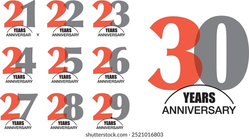 set of number 21 22 23 24 25 26 27 28 29 and 30 years anniversary logo style orange and grey color on white background.